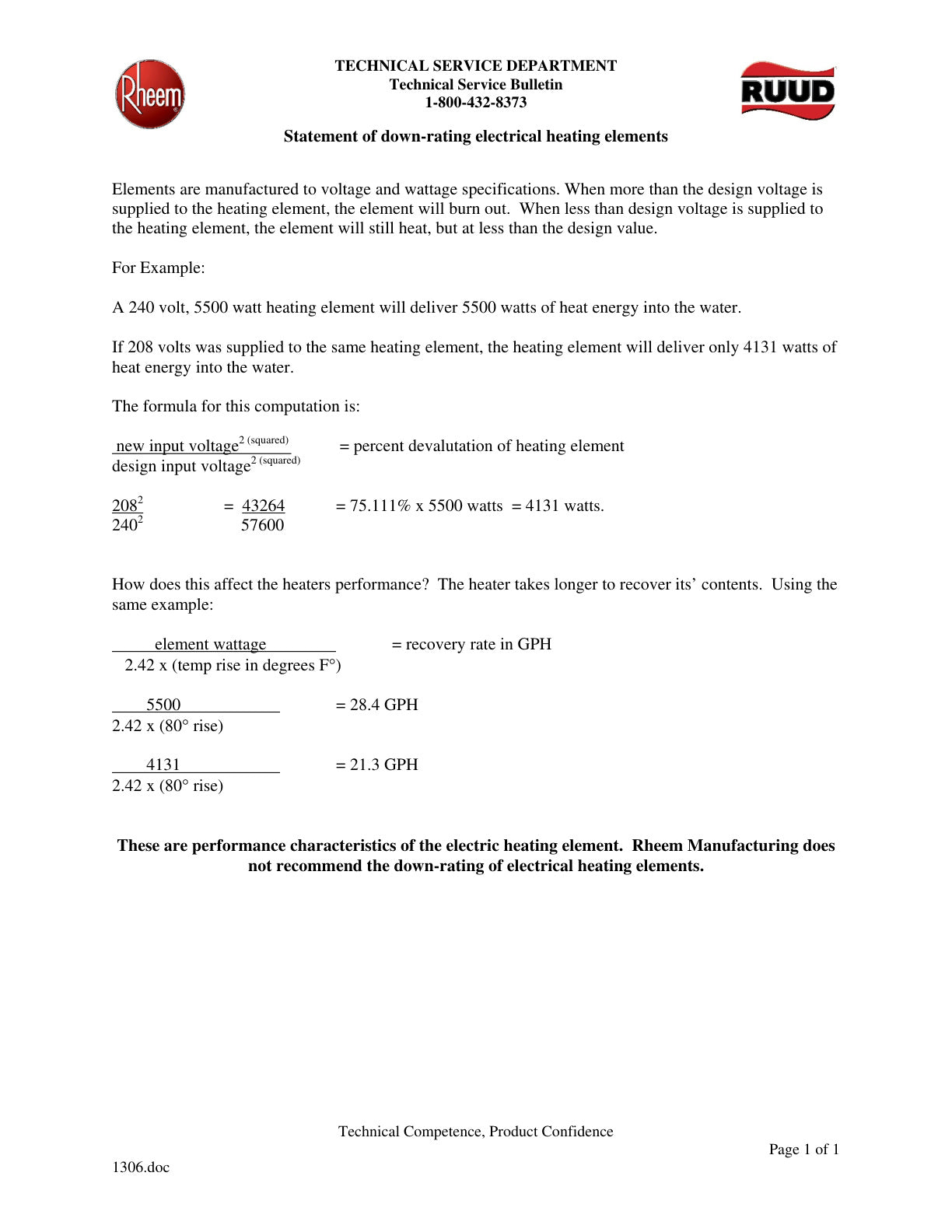 1306   Statement Of Down Rating Electrical Heating Elements