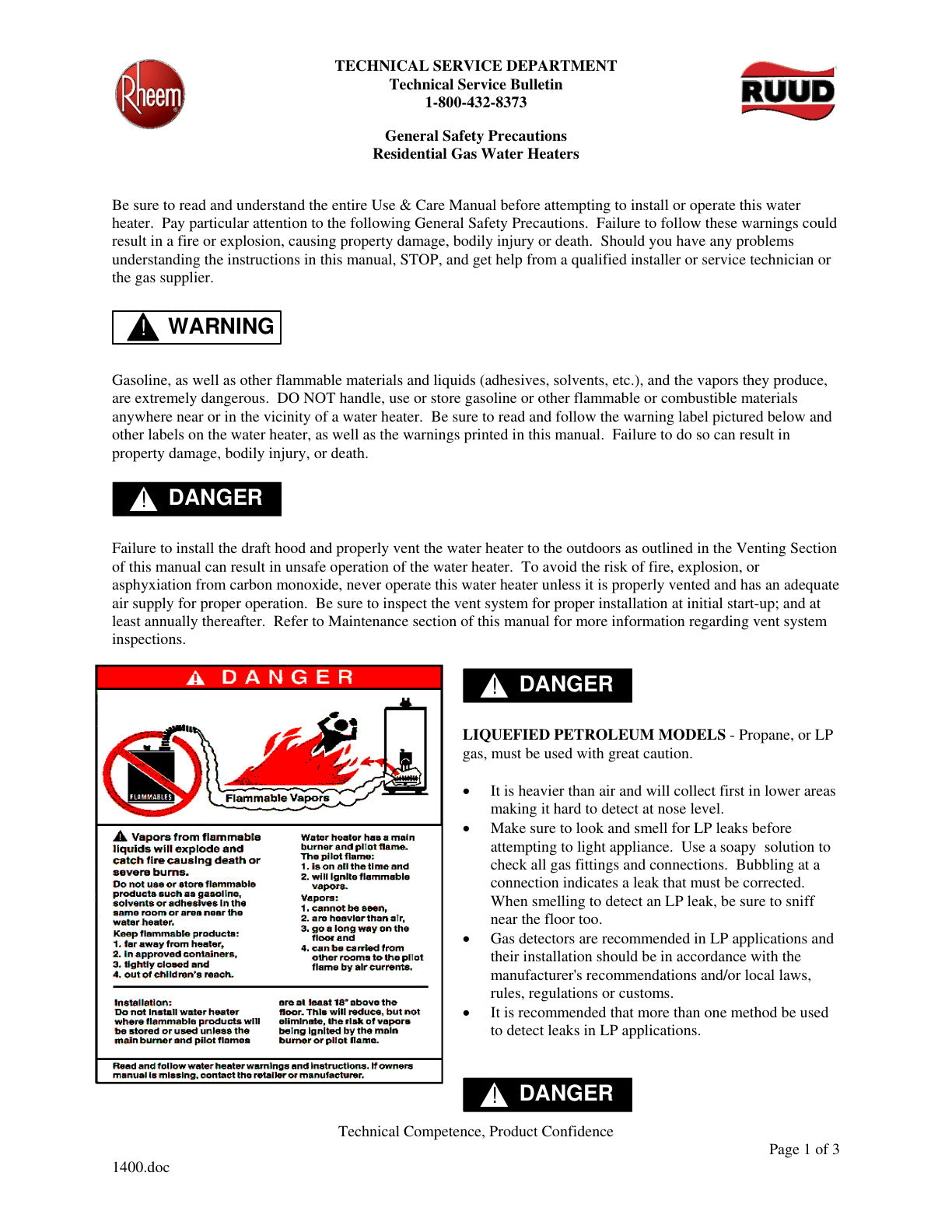 1400   General Safety Precautions   Residential Gas Water Heaters