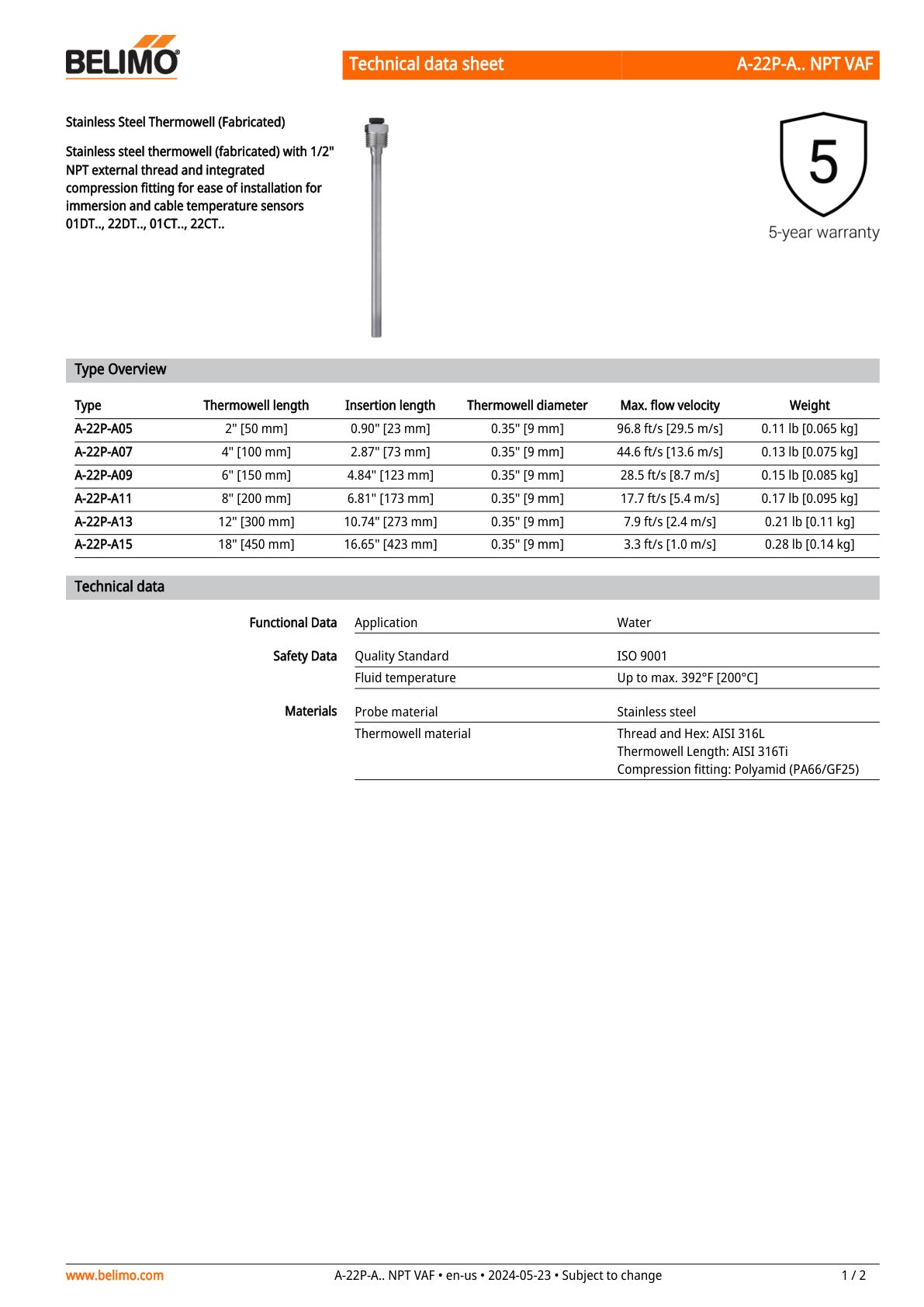 A 22P A NPT VAF Datasheet