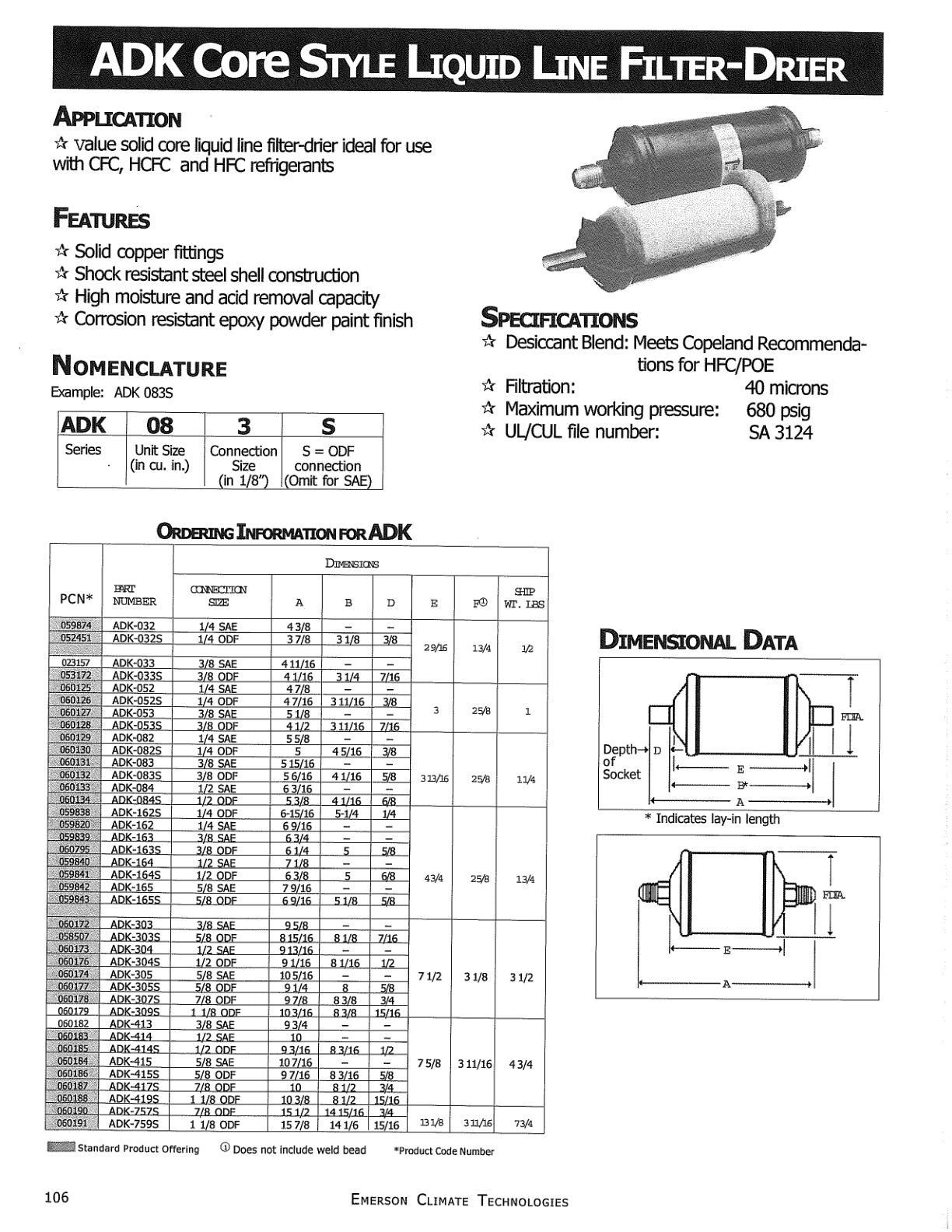 Adk Filter Drier Specification Sheet