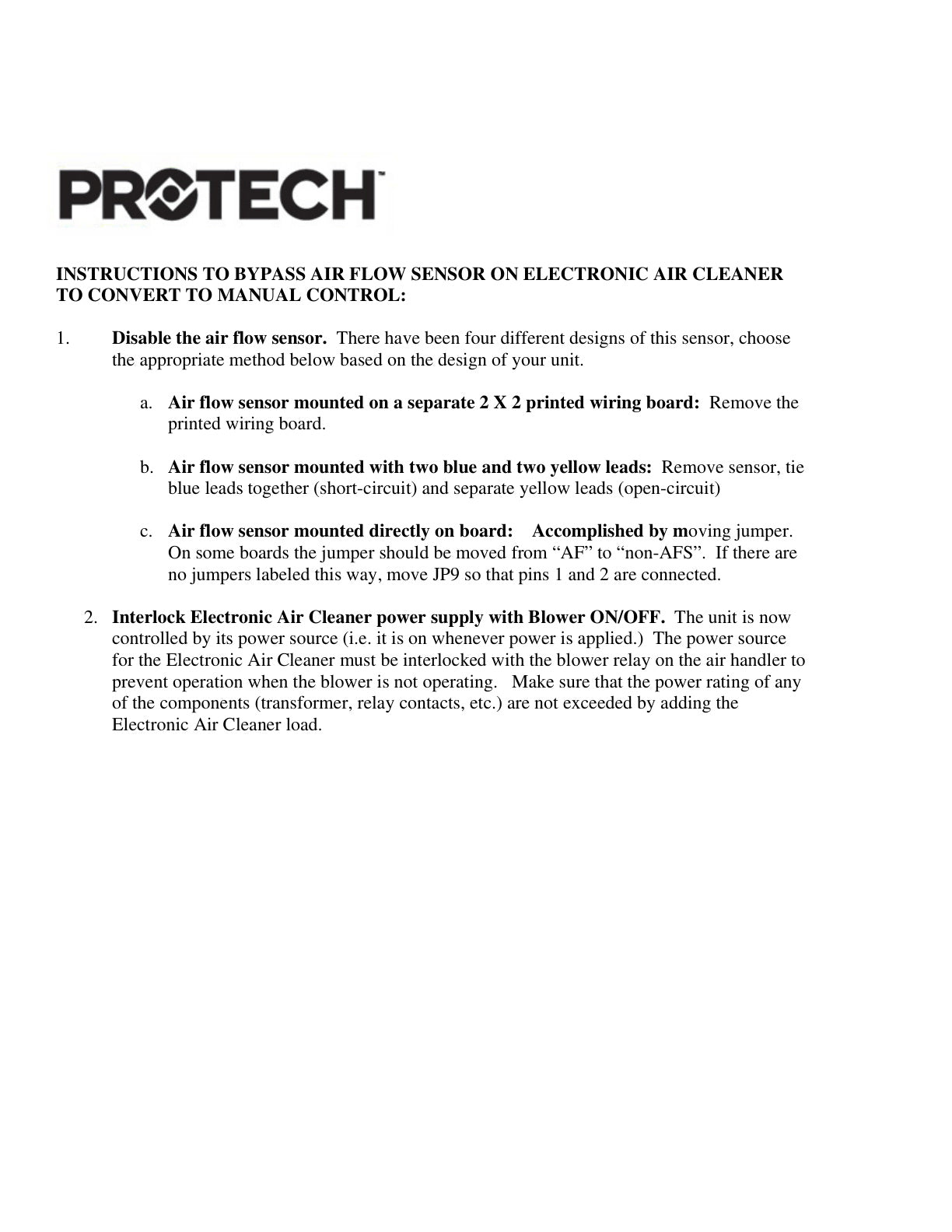 Air Flow Sensor Disable Instructions