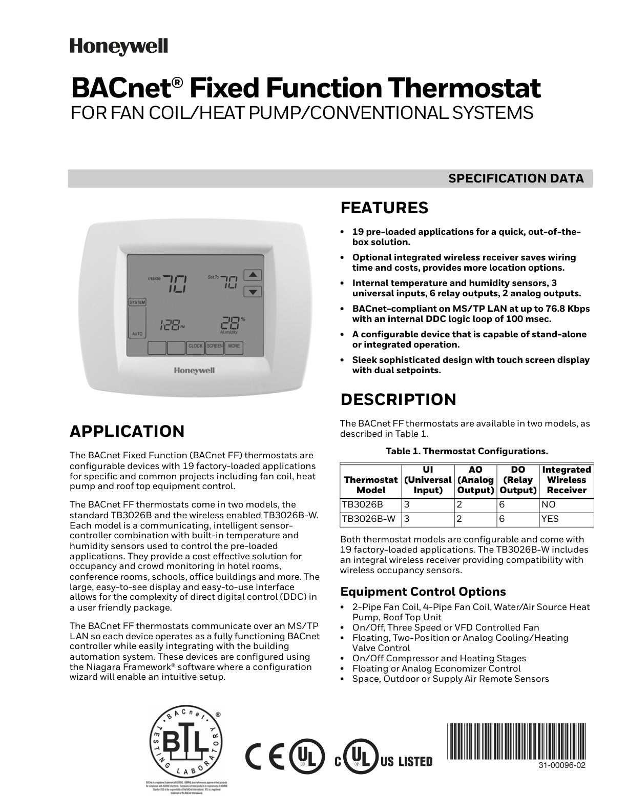 Bacnet  Fixed Function Thermostat