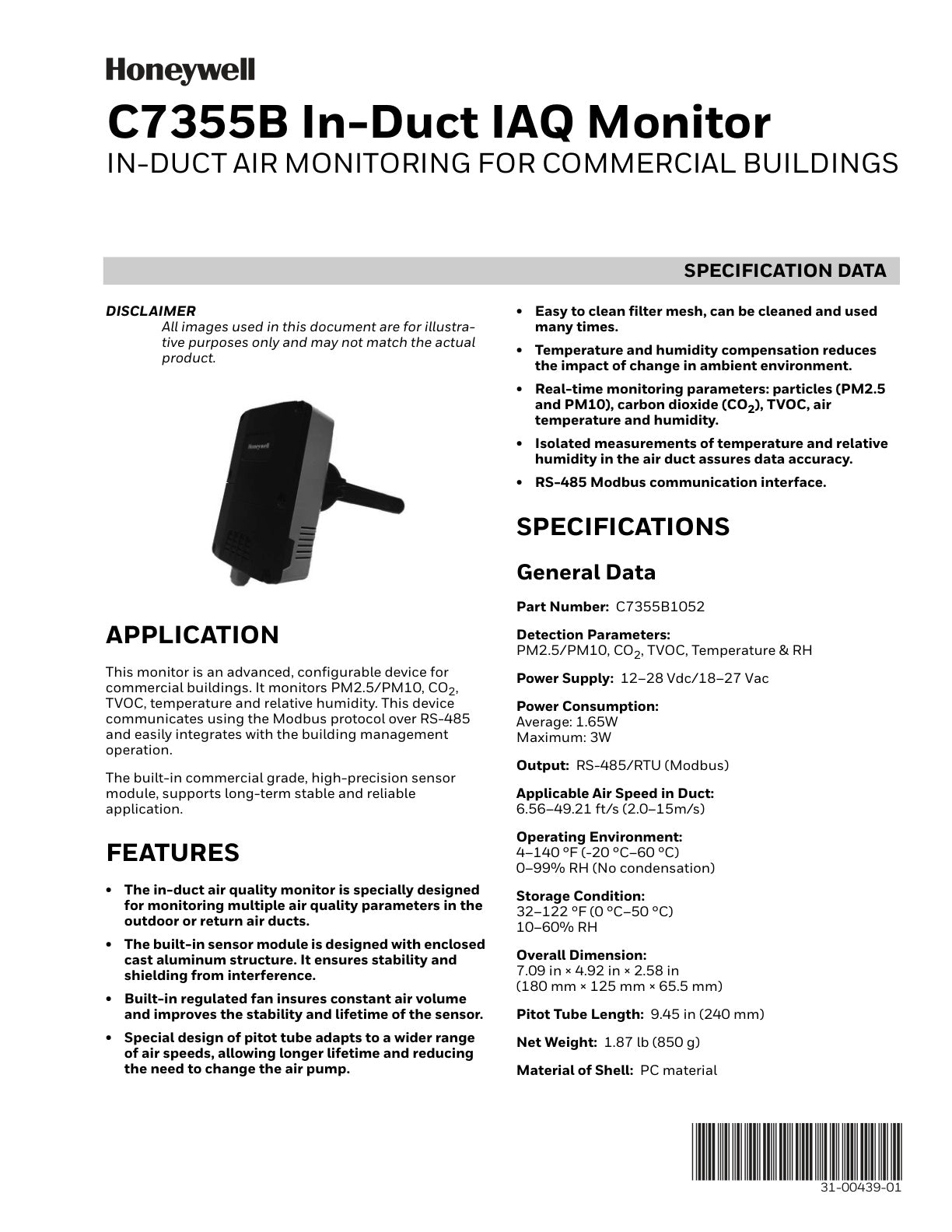 C7355B In Duct Iaq Monitor Specification Data 31 00439