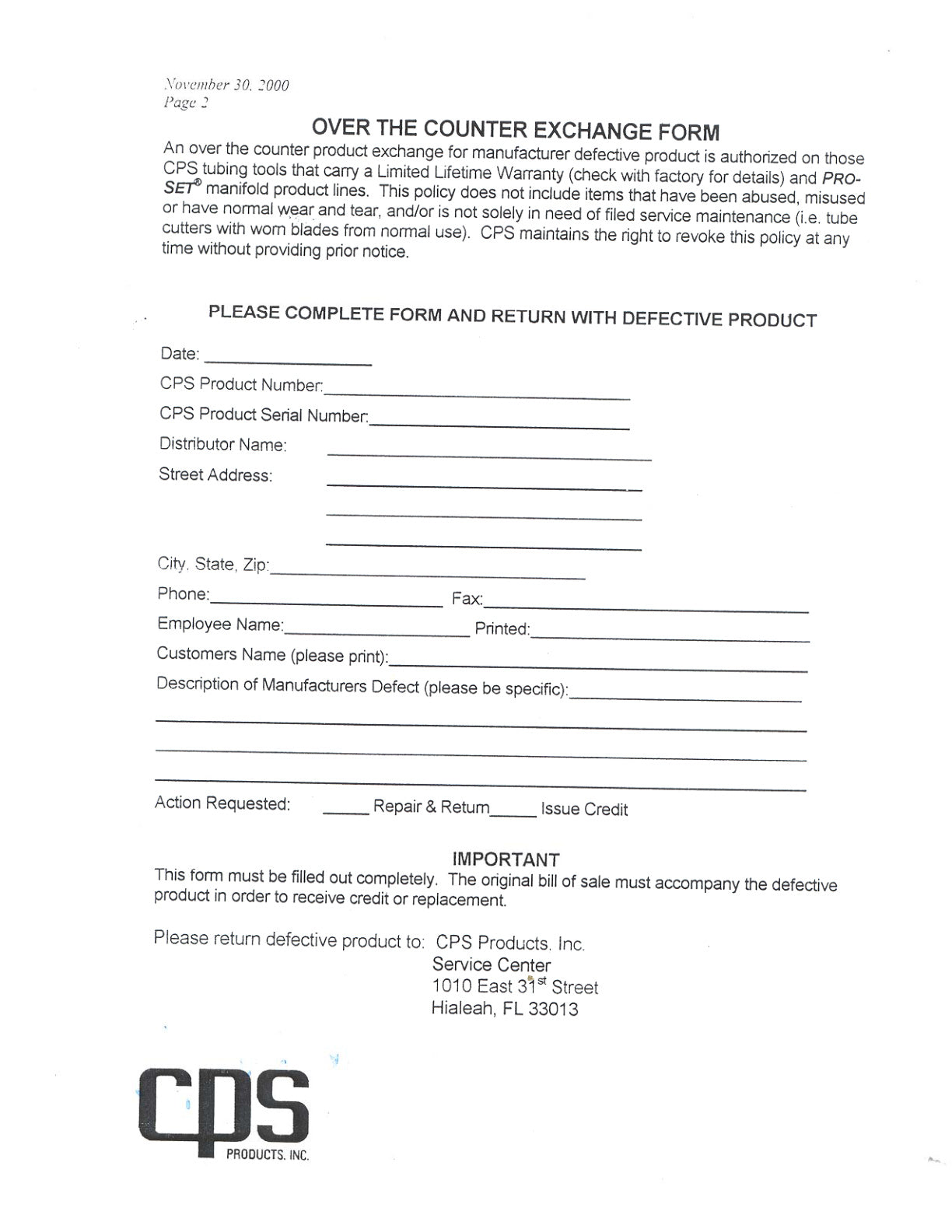 Cps Warranty Form