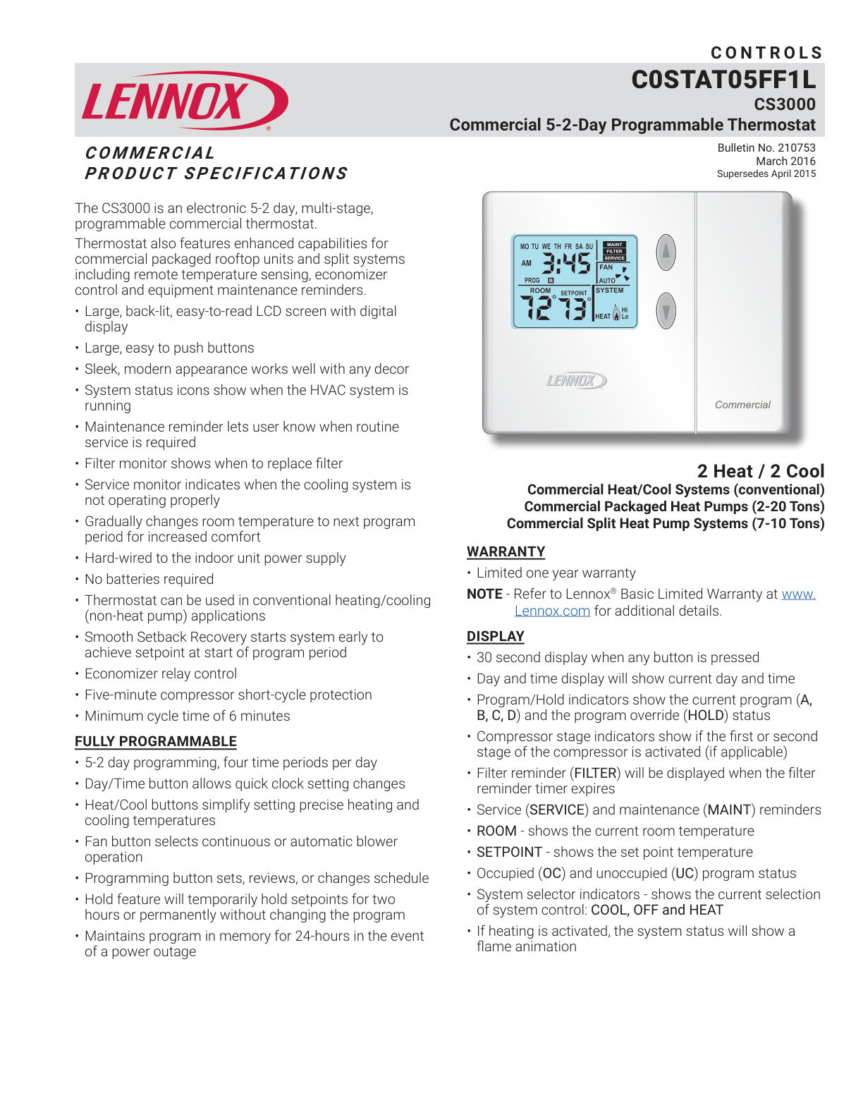 CS3000 5 2 Day Thermostat Commercial EHB