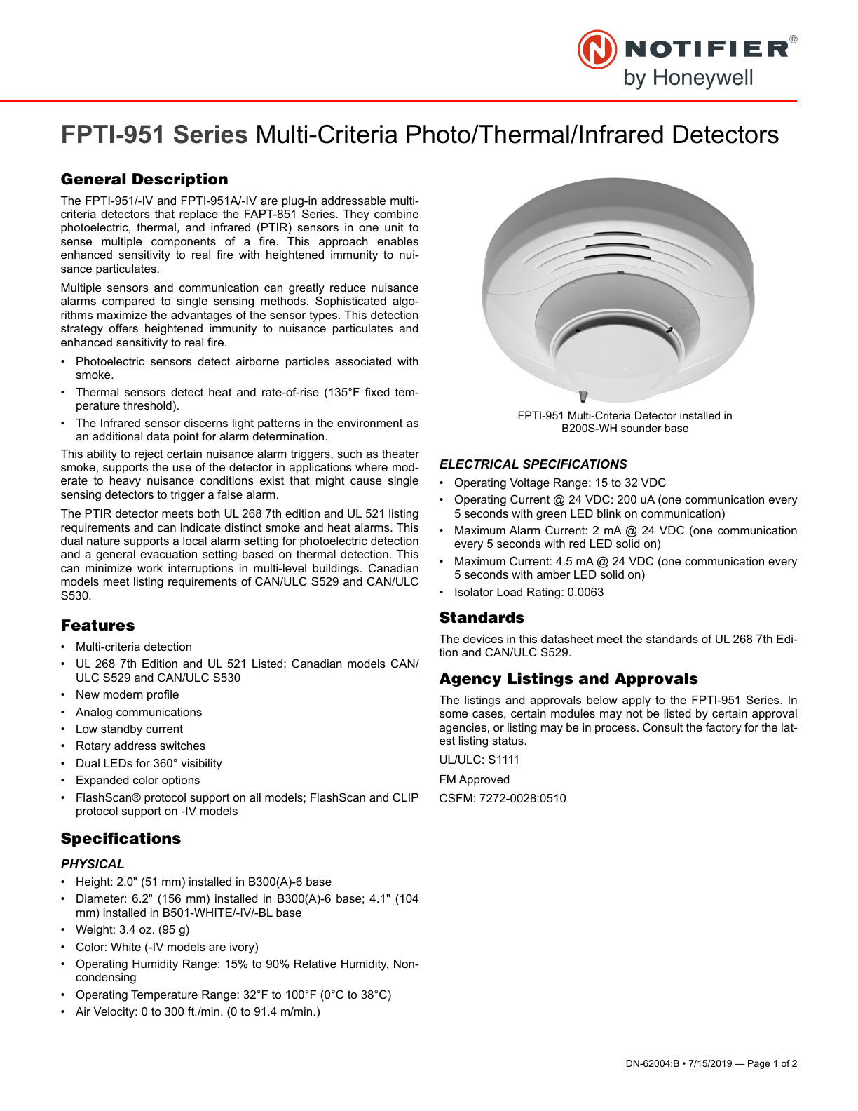 Fpti 951 Series Multi Criteria Photo Thermal Infrared Detector Data Sheet