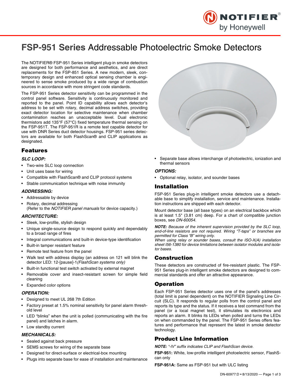 Fsp 951 Series Addressable Photoelectric Smoke Detectors Data Sheet