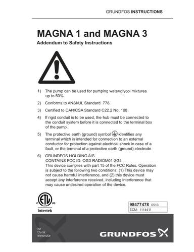 MAGNA 1 and MAGNA 3 (Addendum to Safety Instructions) (Installation and operating instructions)
