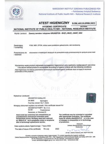 Atest higieniczny - GNVP, GNV, BV(F), MV(F)