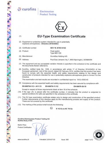 MS1 EX ATEX IECEx, float switch (Certificate)