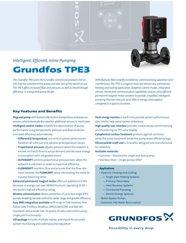 GRUNDFOS TPE3, Intelligent, Efficient, In-line Pumping (Leaflet)