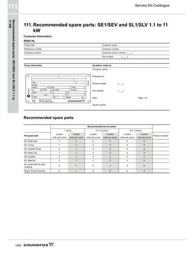 SE1/SEV and SL1/SLV 1.1 to 11 kW (Recommended spare parts) (Service Kit Catalogue)