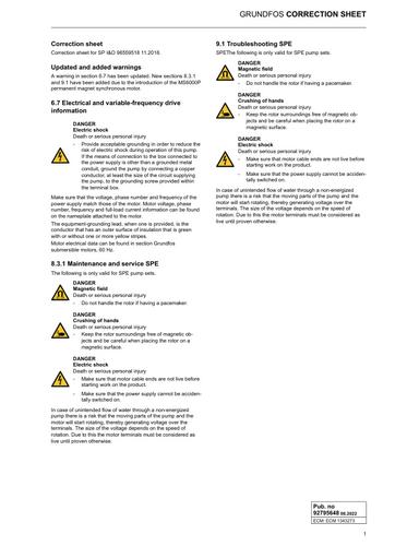 Correction sheet for SP and SPE