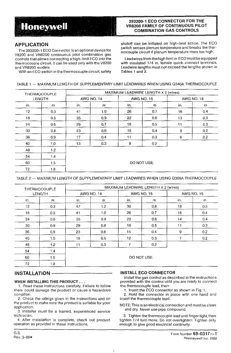 Honeywell 393200 1 Installation Instructions