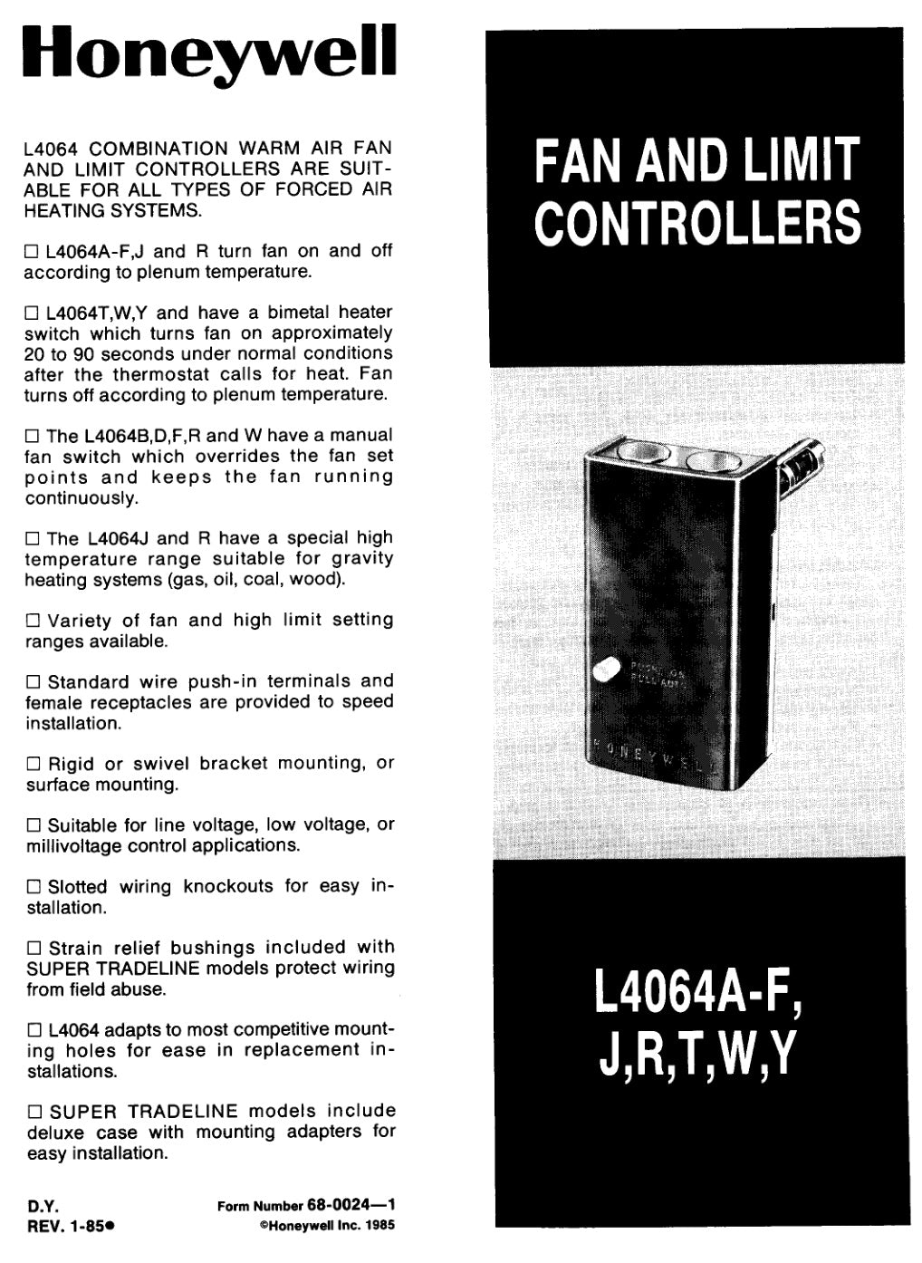 Honeywell L4064 Fan And Limit Controllers Instructions