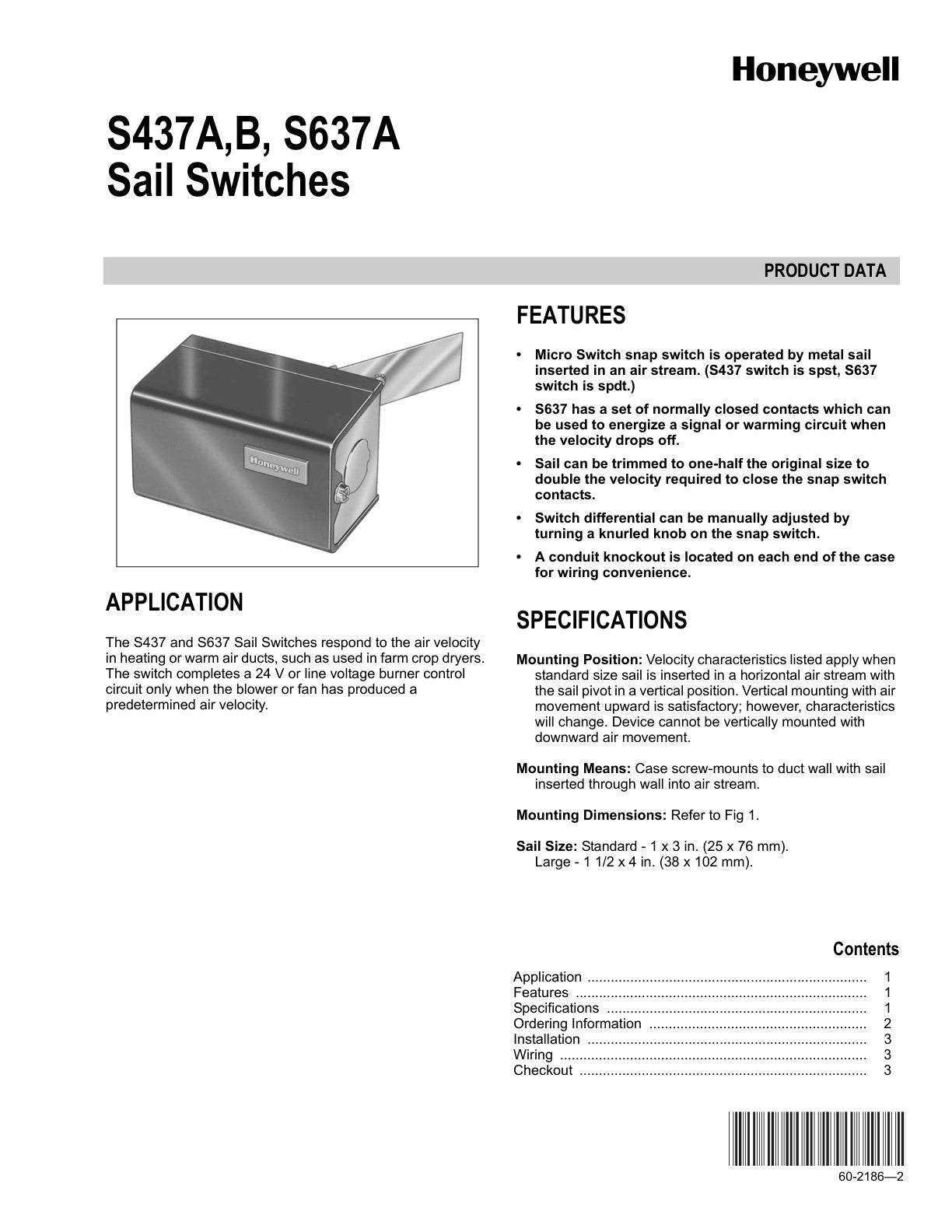 Honeywell S437   S637 Specification Sheet