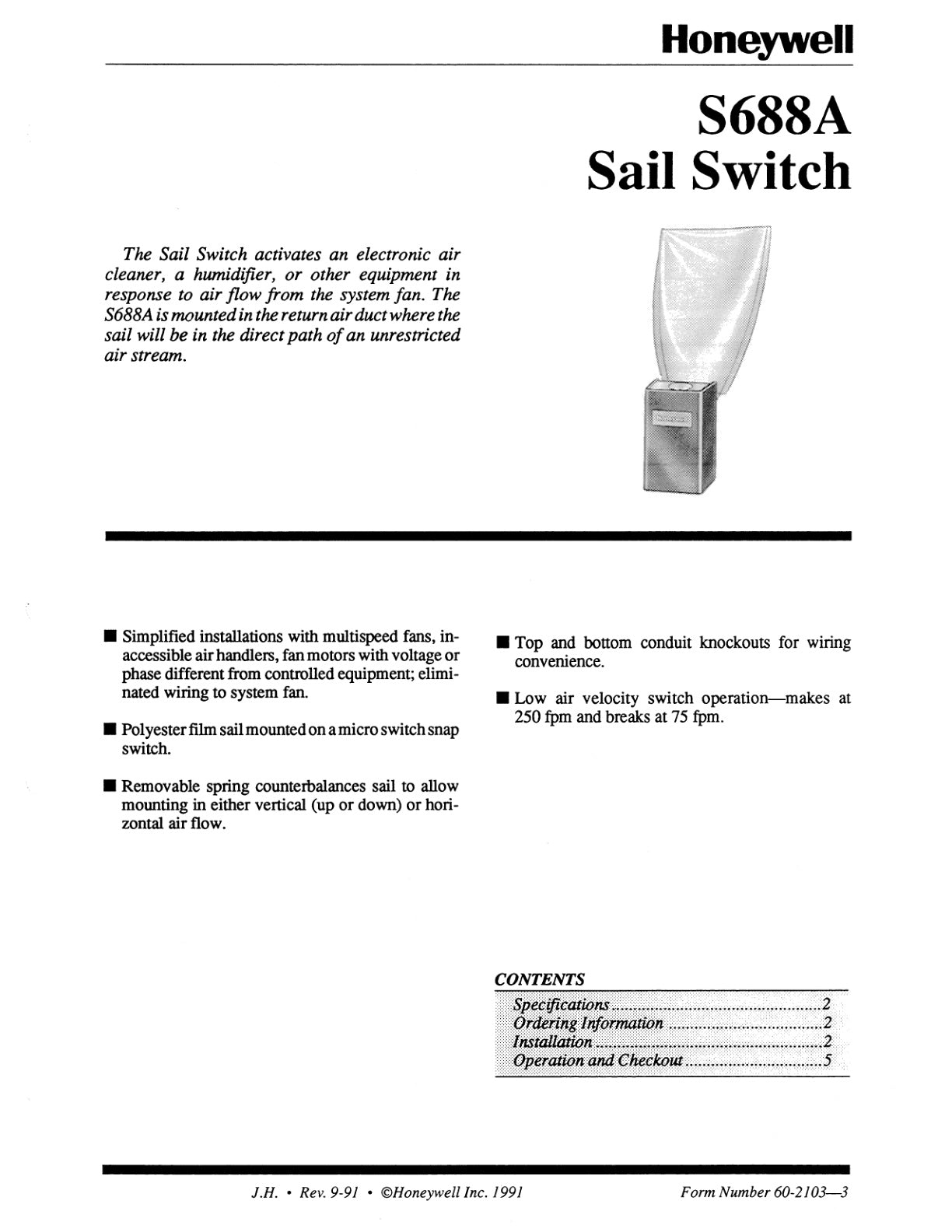Honeywell S688A Product Information.