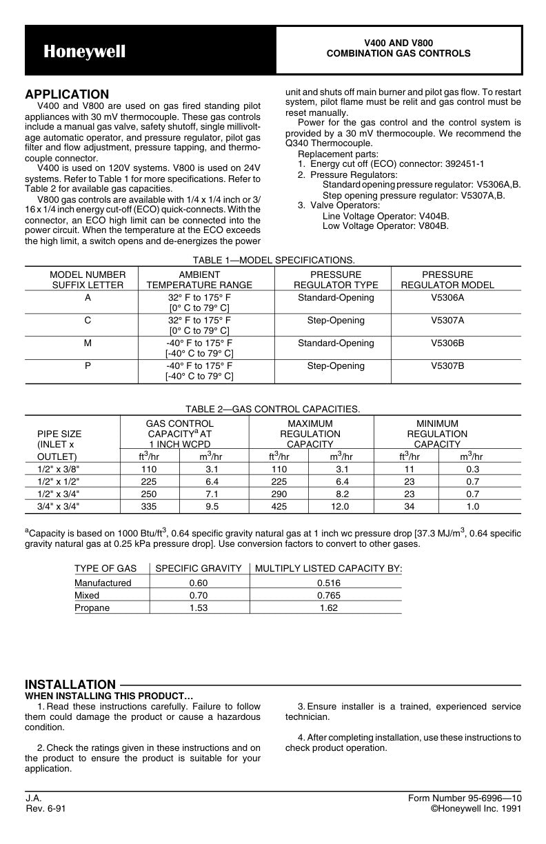 Honeywell V400 And V800 Installation Instructions