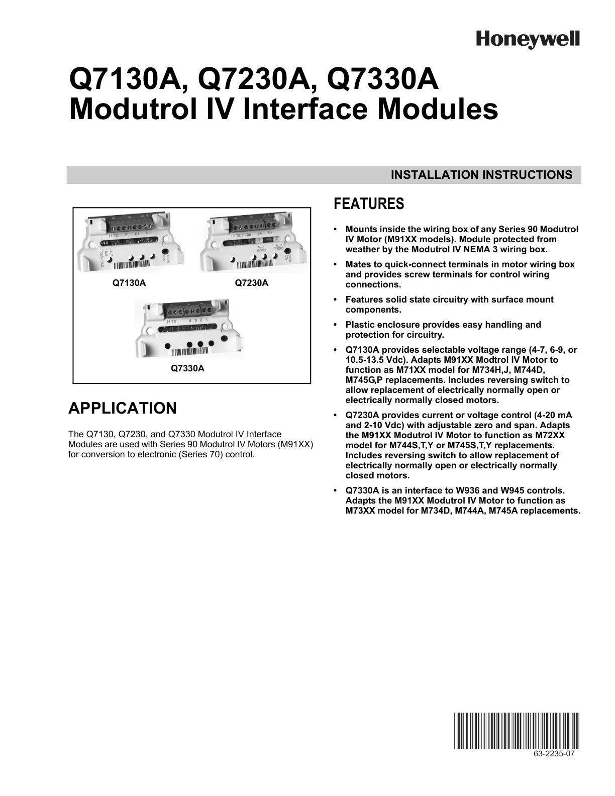 Installation Instruction Q7130 Q7230 Q7330A Modutrol Iv Interface Modules