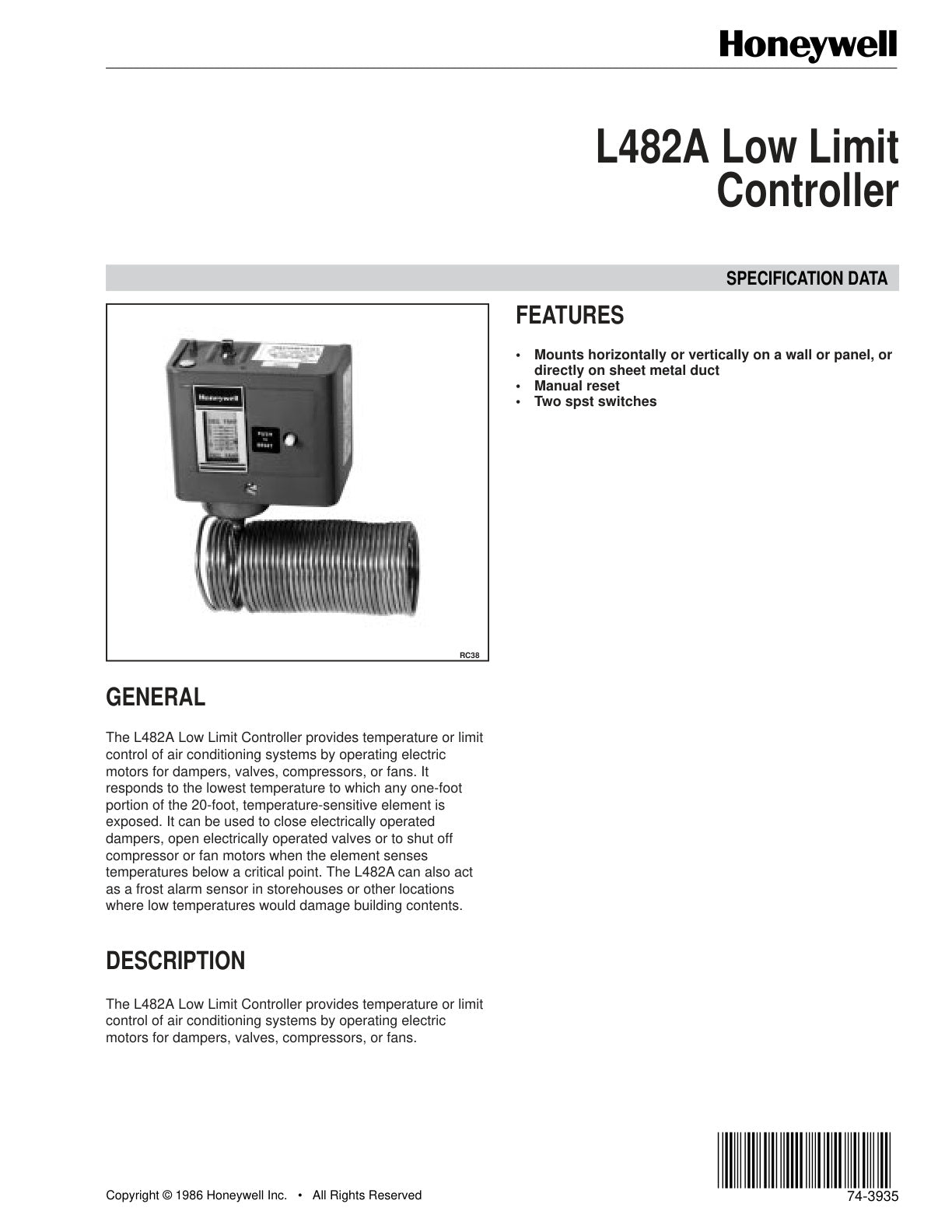 L482A Low Limit Controller