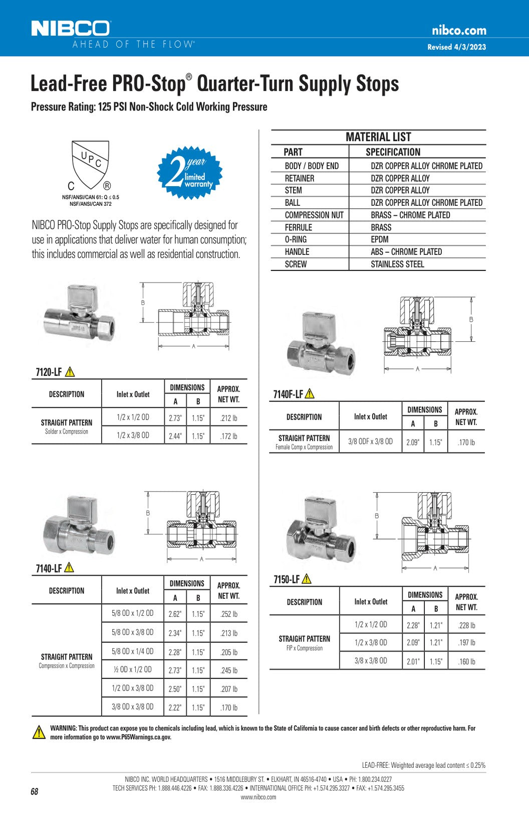 Lead Free PRO Stop Quarter Turn Supply Stops Spec Sheet