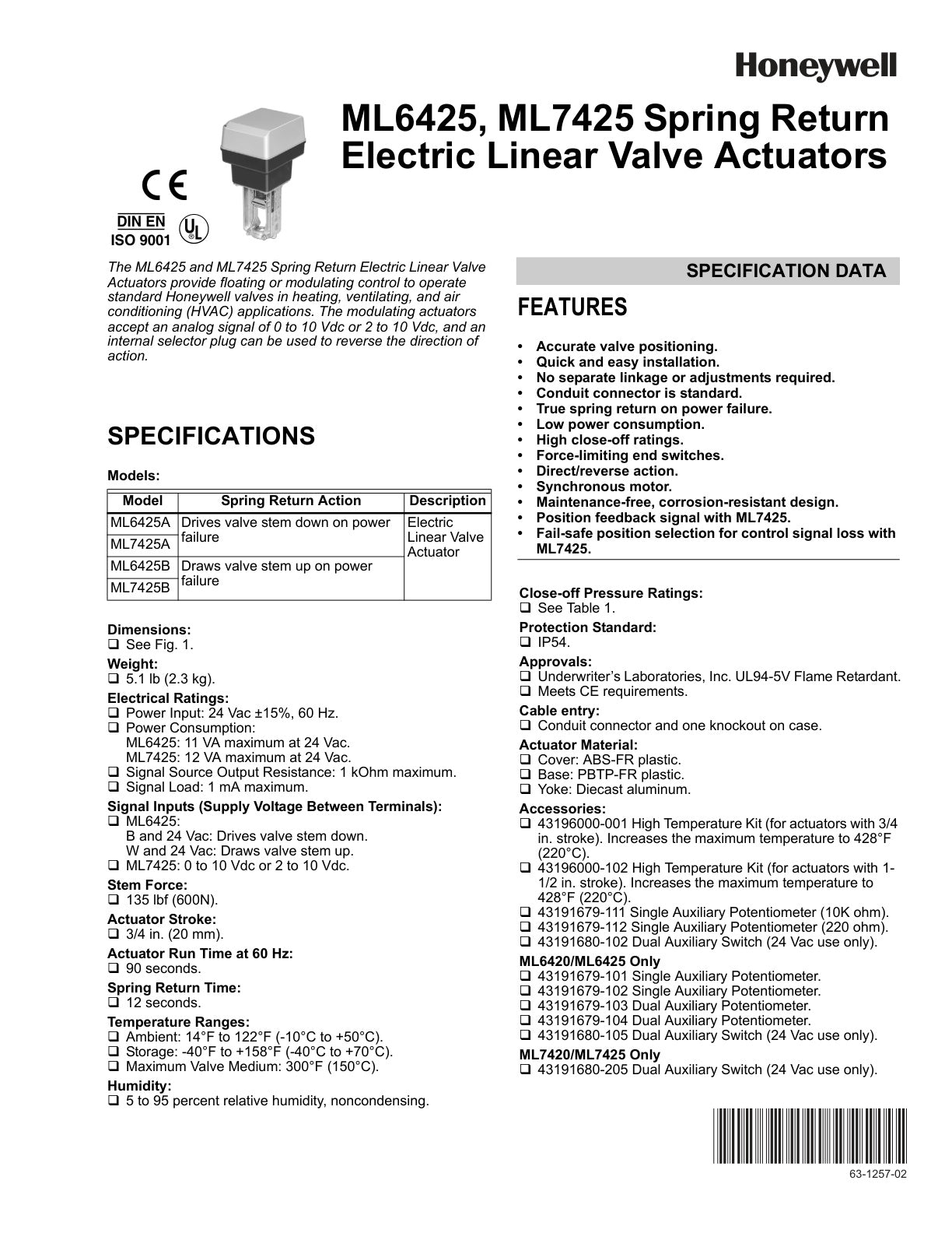 Ml6425  Ml7425 Spring Return Electric Linear Valve Actuators Specification Data
