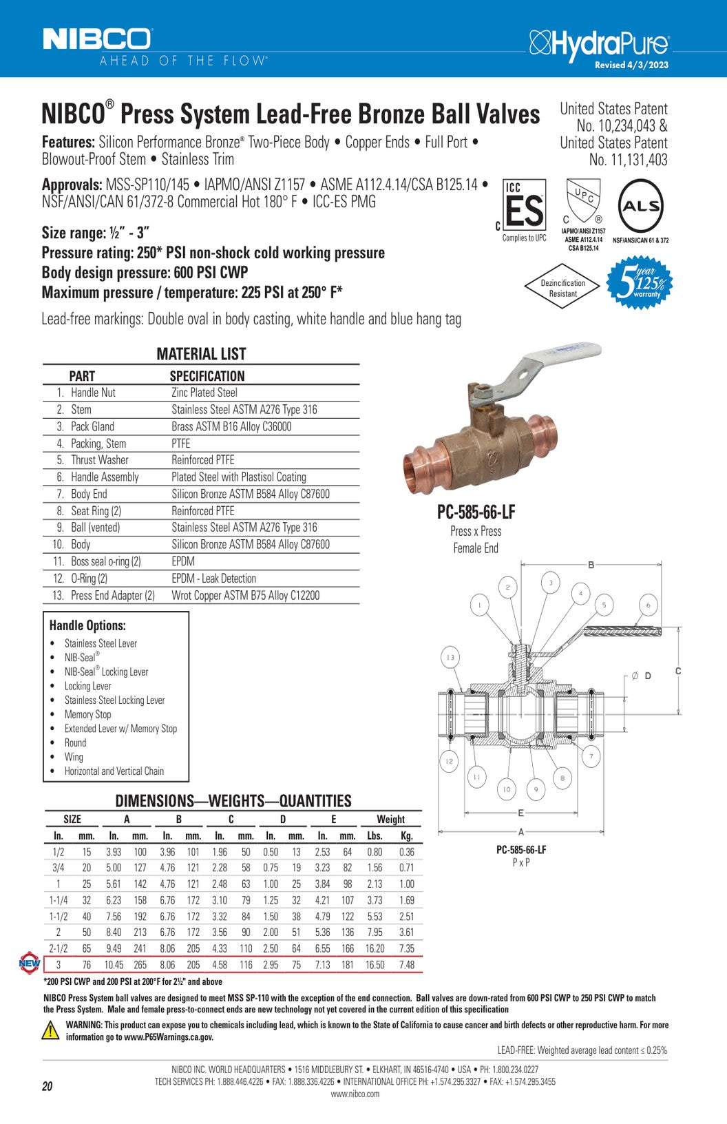 PC 585 66 LF Spec Sheet