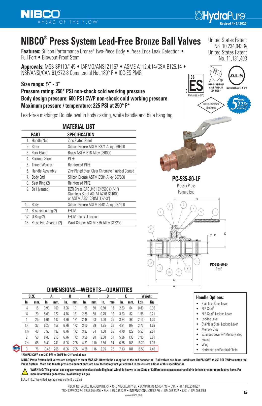 PC 585 80 LF Spec Sheet
