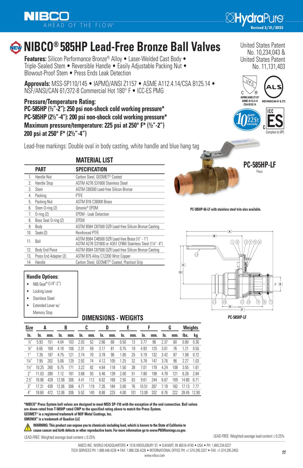 PC 585HP LF Spec Sheet