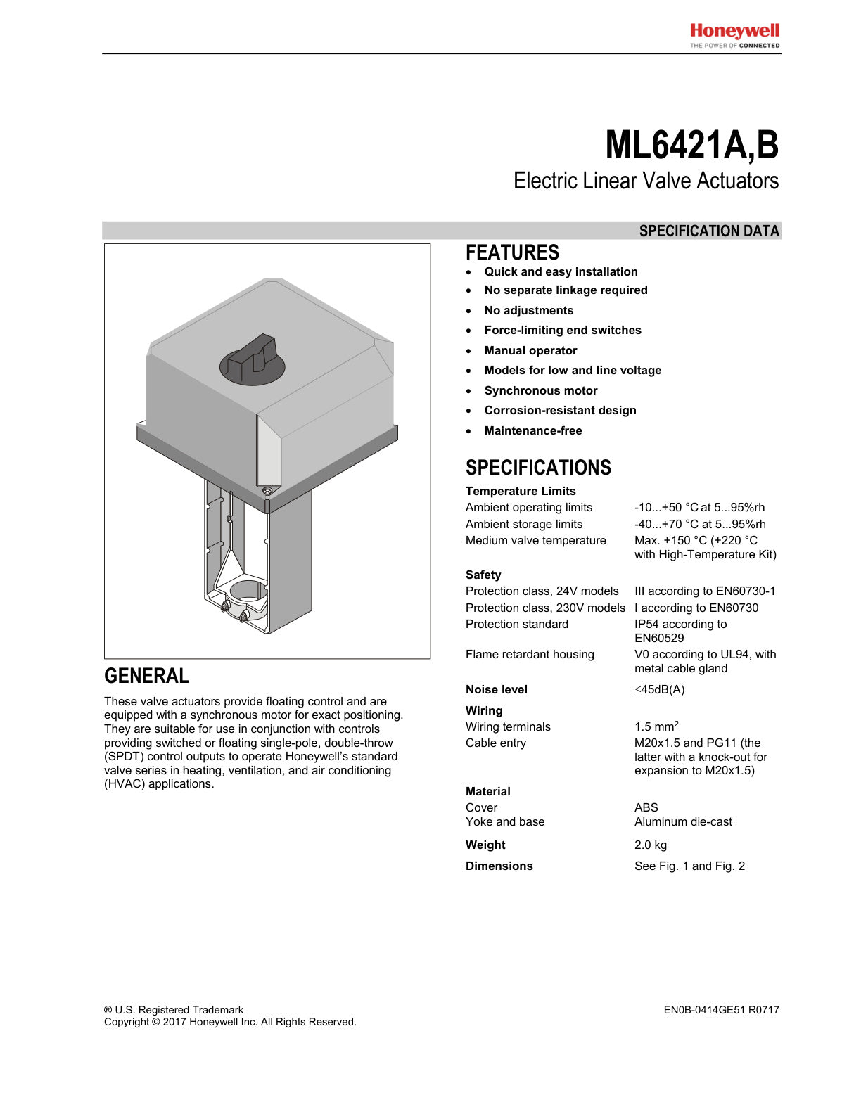 Product Data Ml6421 Series Linear Valve Actuators