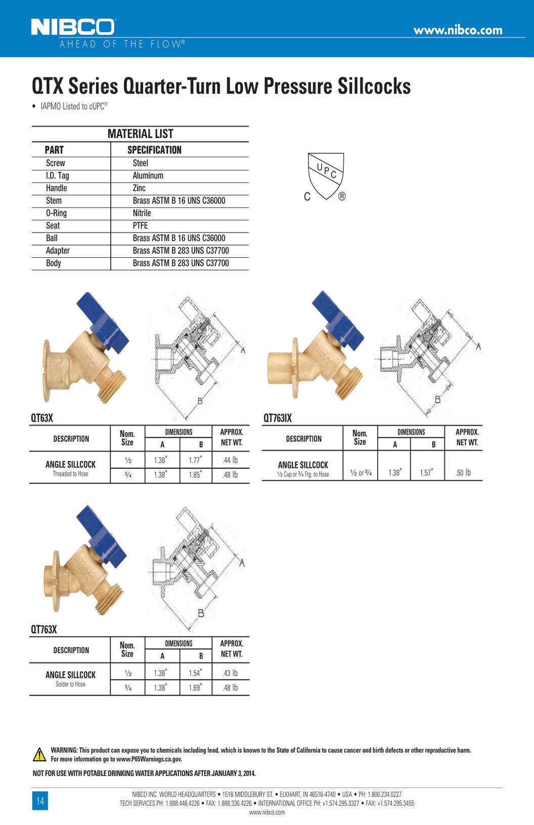 QTX Series Quarter Turn Low Pressure Sillcocks Spec Sheet