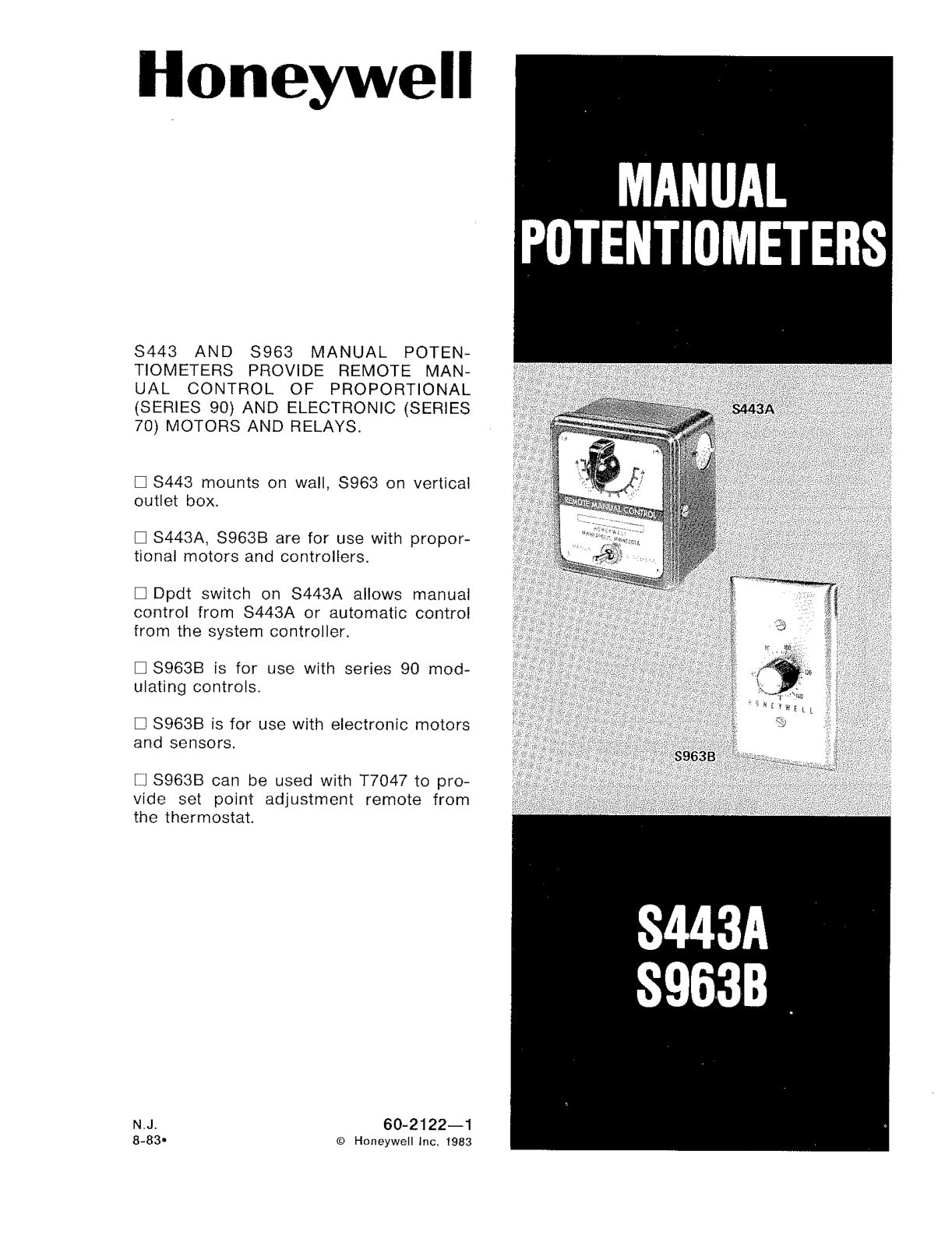 S443A  S963B Manual Potentiometers Product Data