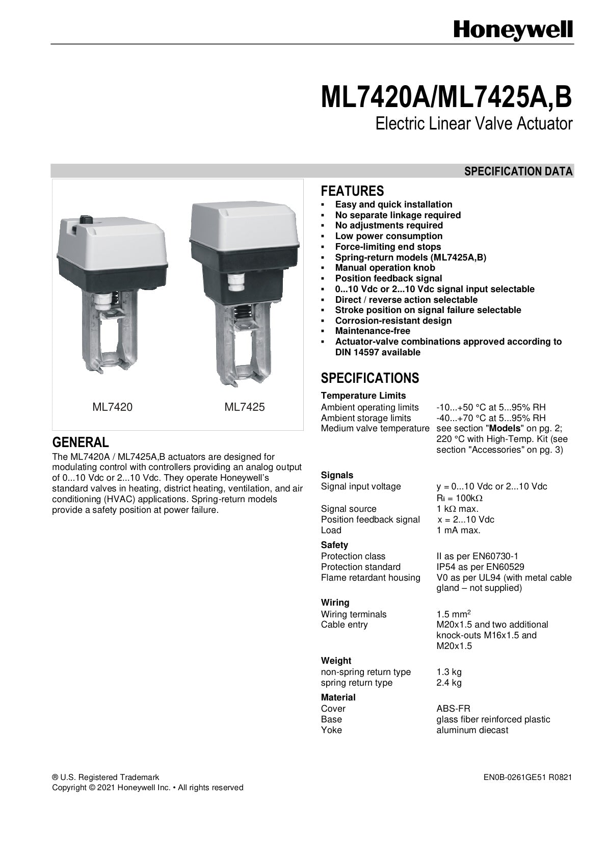 Specification Data Ml7420 Ml7425 Series Actuators