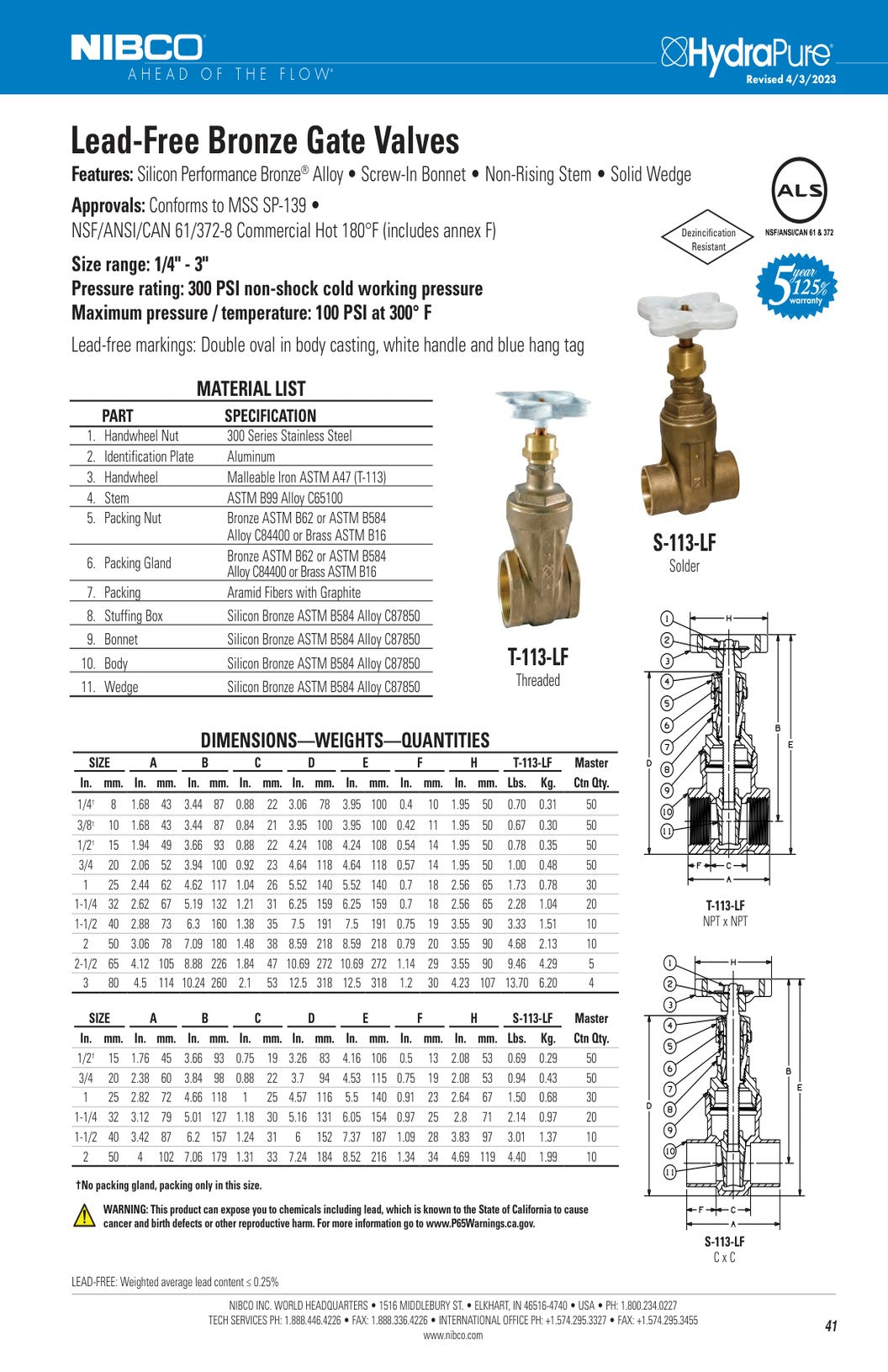 T S 113 LF Spec Sheet