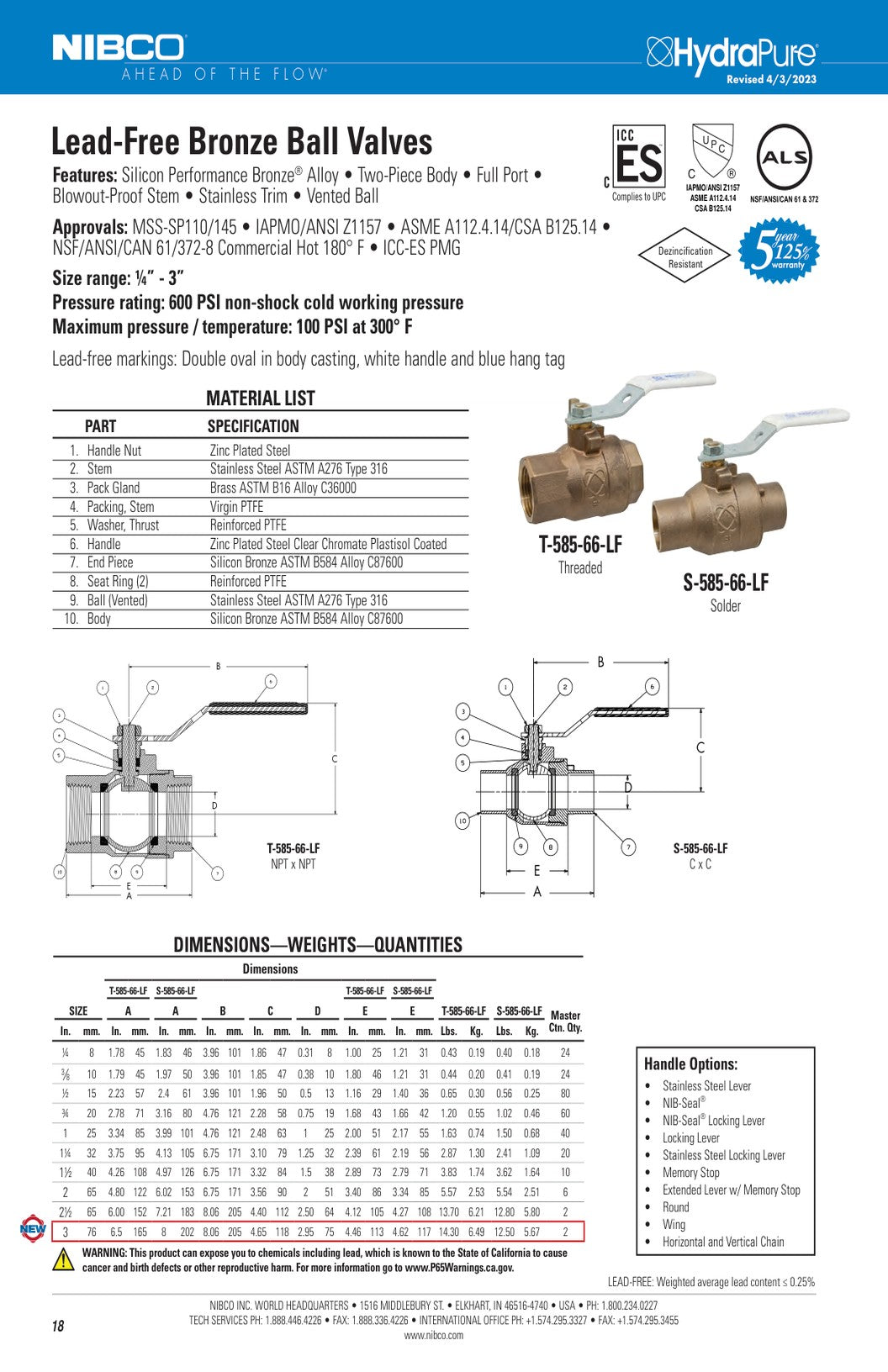 T S 585 66 LF Spec Sheet