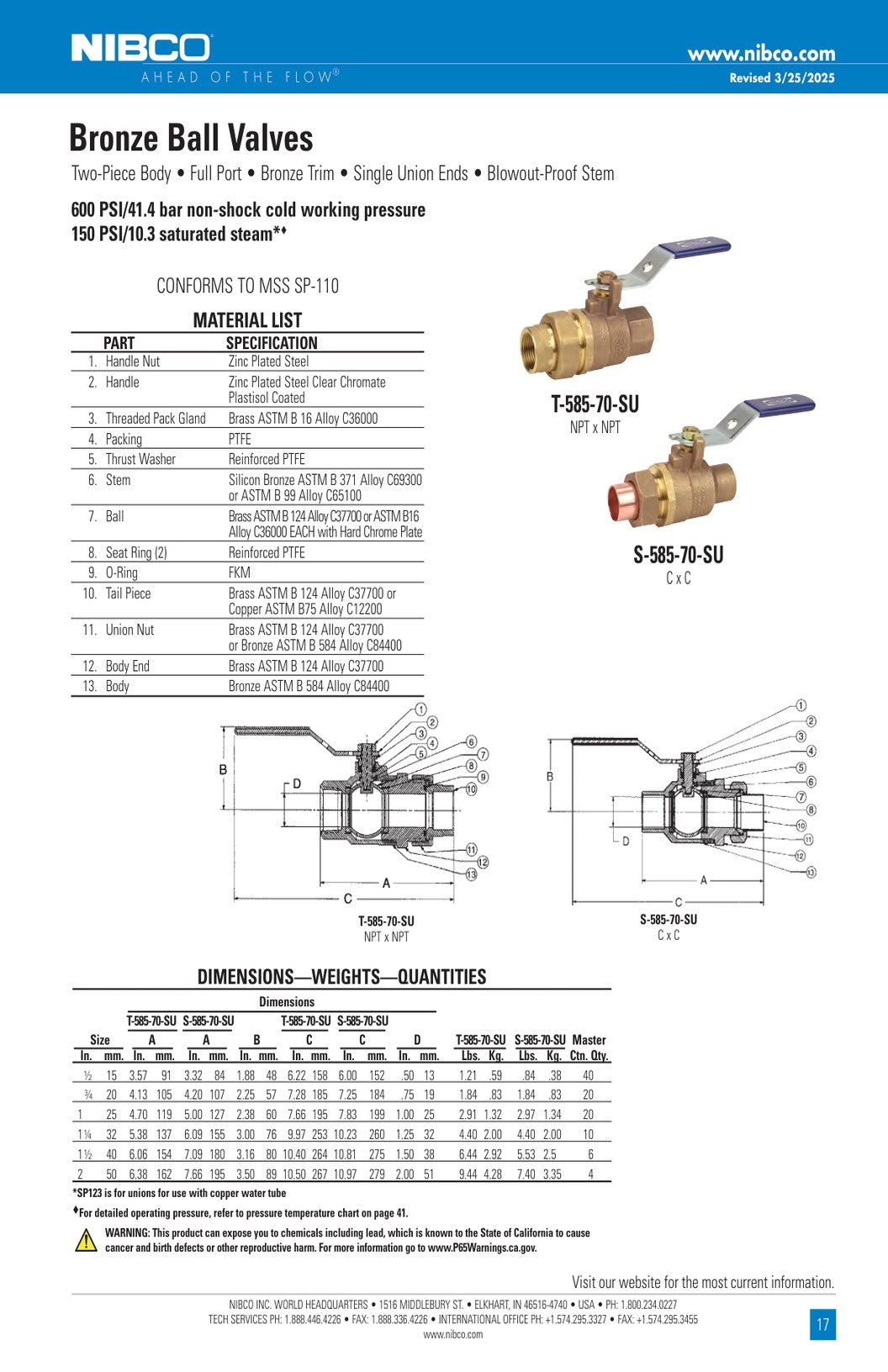 T S 585 70 SU Spec Sheet