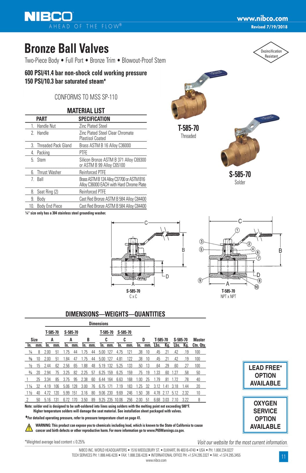 T S 585 70 Spec Sheet