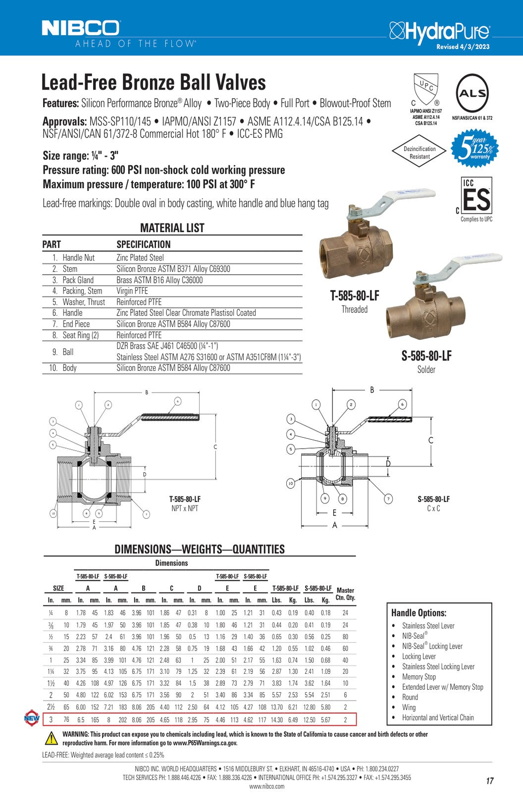 T S 585 80 LF Spec Sheet