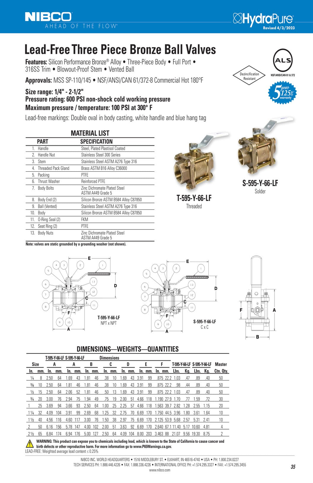 T S 595 Y 66 LF Spec Sheet