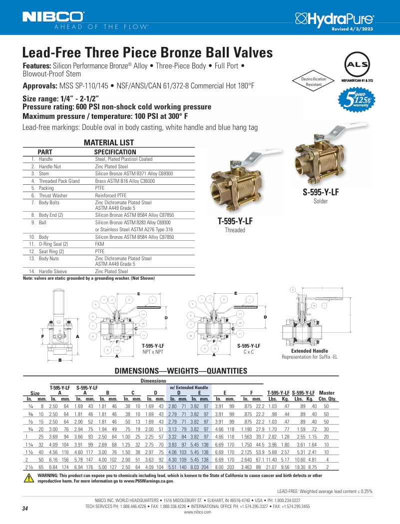 T S 595 Y LF Spec Sheet