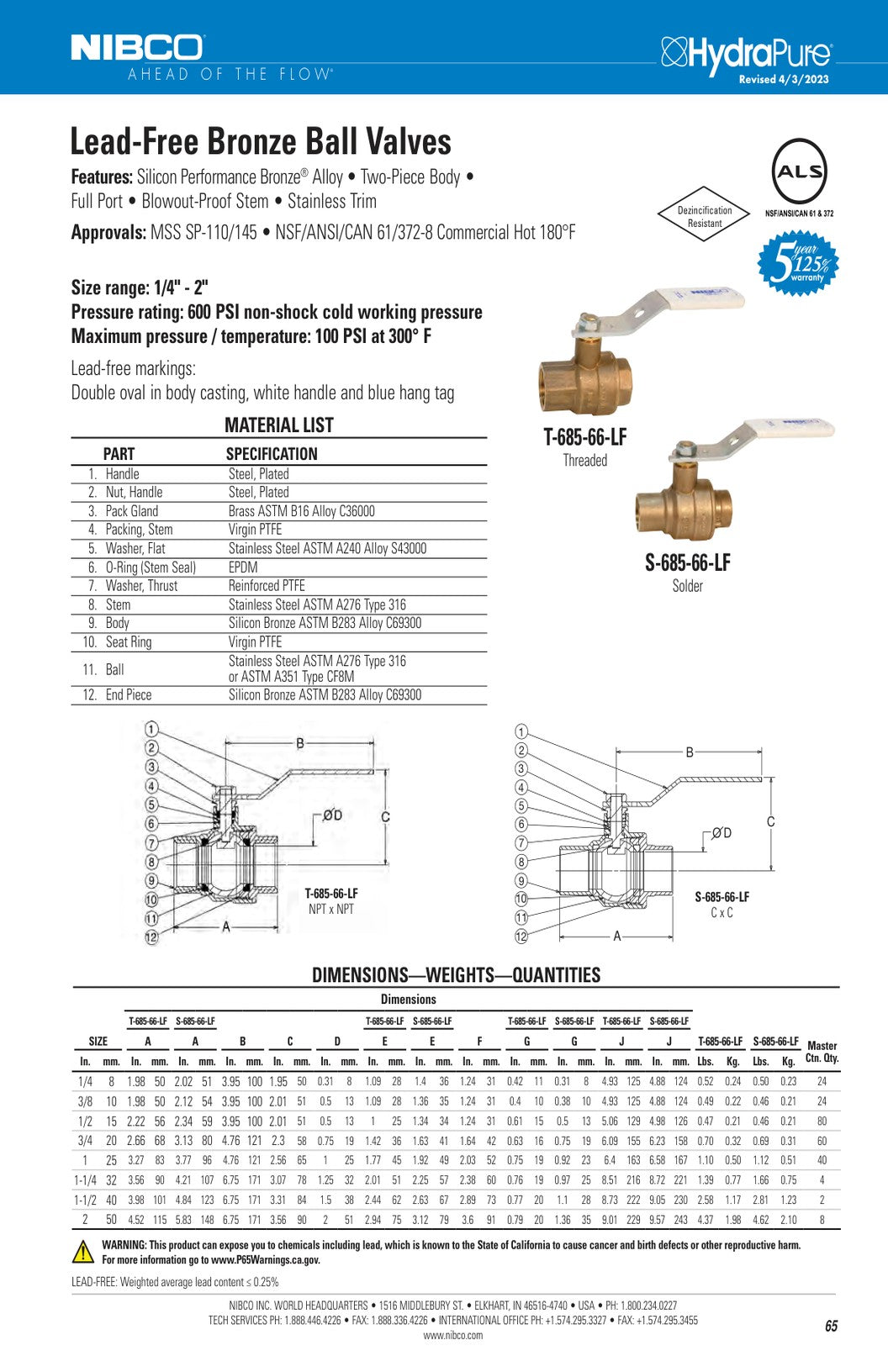 T S 685 66 LF Spec Sheet
