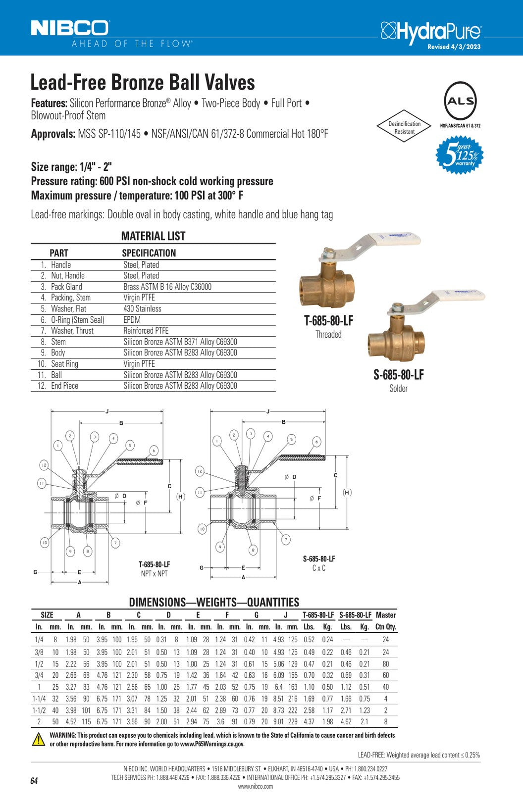 T S 685 80 LF Spec Sheet