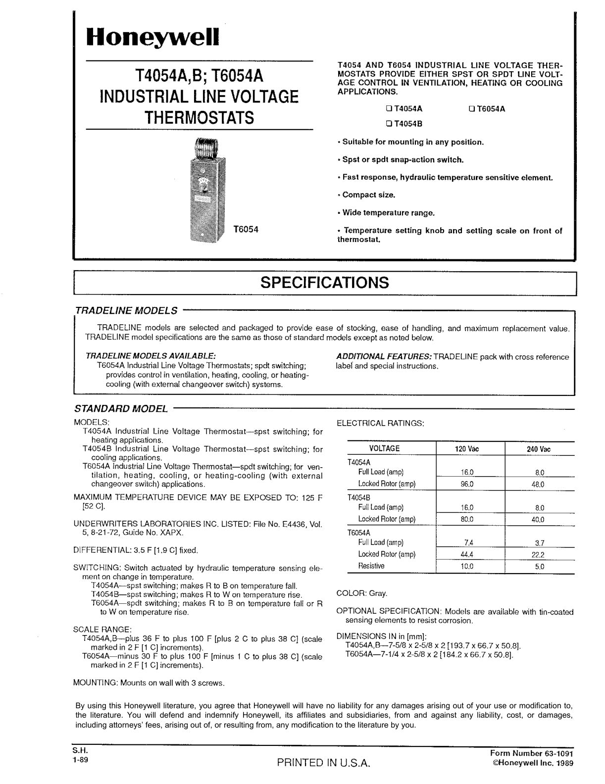 T4054A B  T6054A Industrial Line Voltage Thermostats