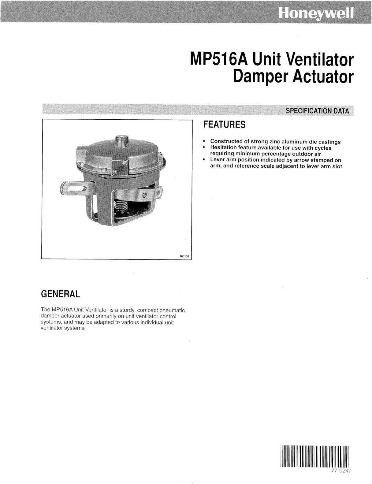 Unit Ventilator Damper Actuator