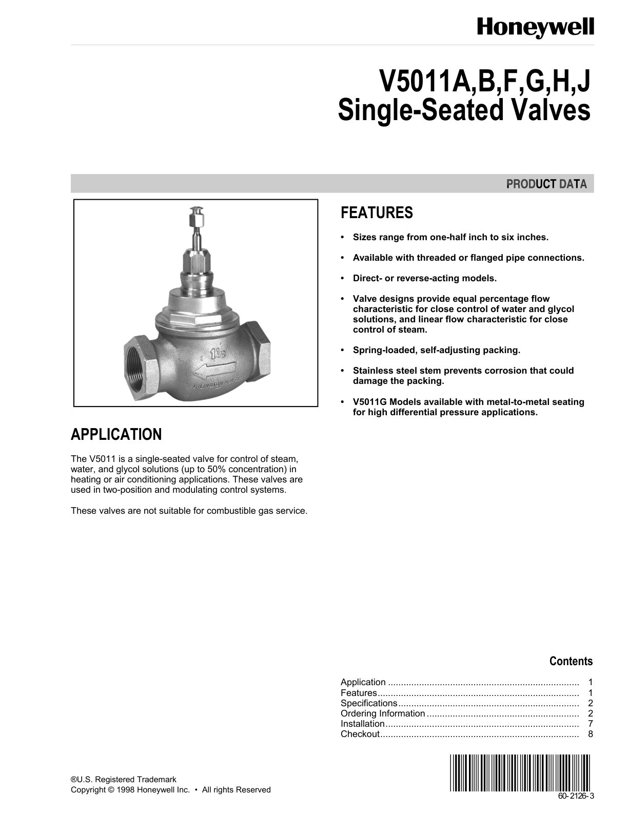 V5011A B F G H J Single Seated Valves Product Data