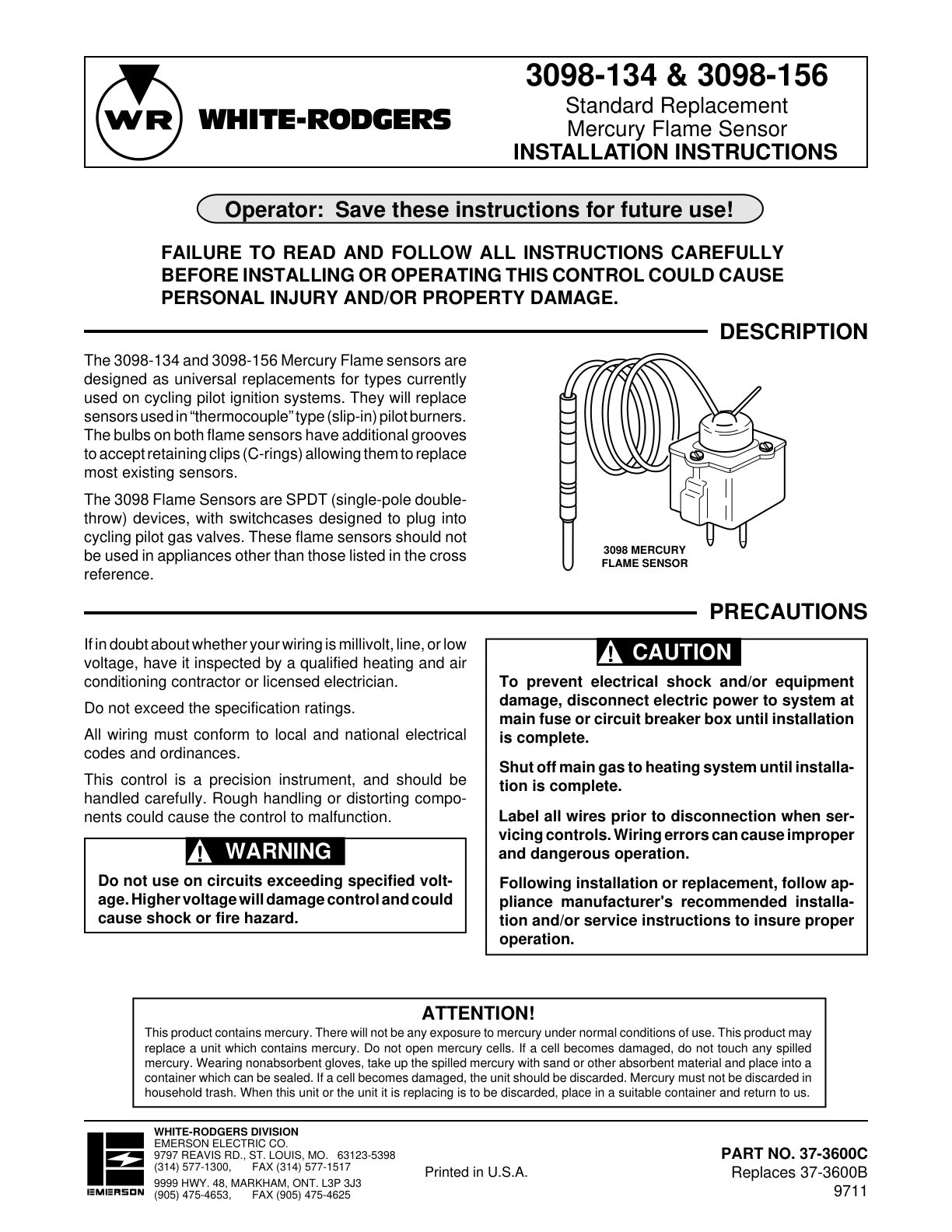 White Rodgers 3098 134 And 3098 156 Installation Instructions