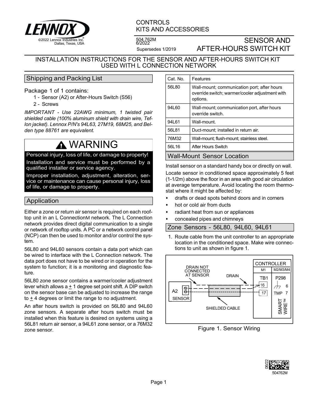 Zone Return Air Sensors 56L80  56L81  76M32  94L60  94L61 and After Hour Override Switch 5