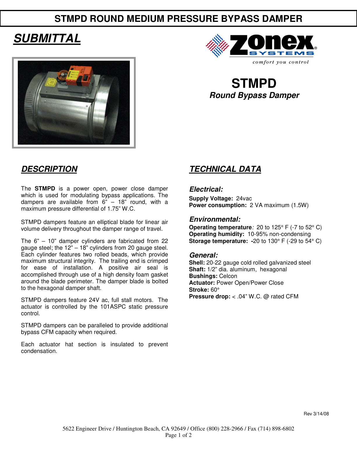 Zonex Specification Sheet For Stmpd Dampers