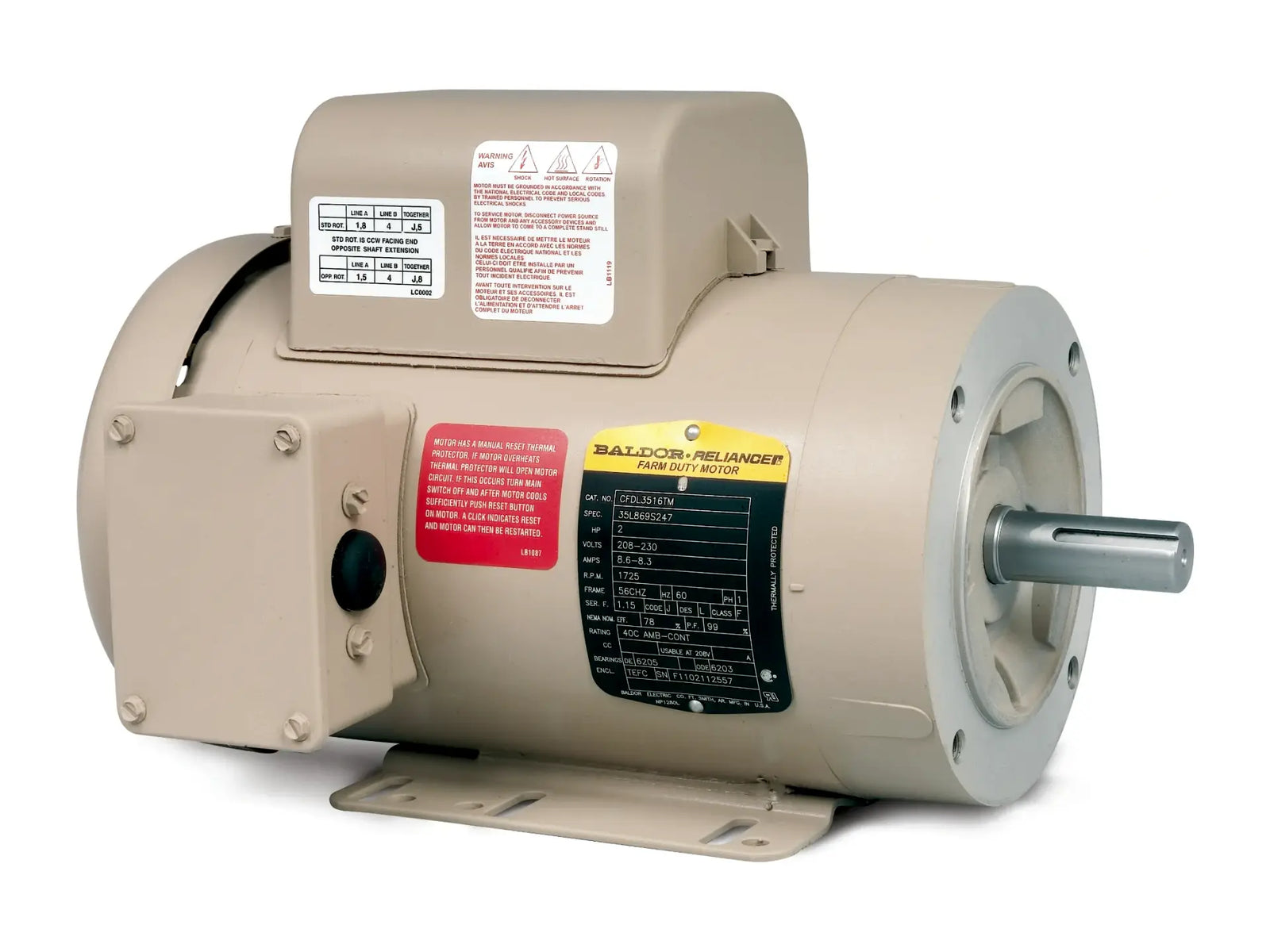 Baldor CFDL3516TM, Motor 2 Hp 1740 Rpm 1 Ph TEFC