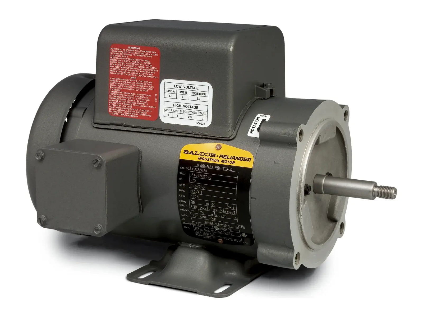 Baldor CJL3507A, .75 HP 1725 RPM 1 PH 60 HZ Frame 56J Motor